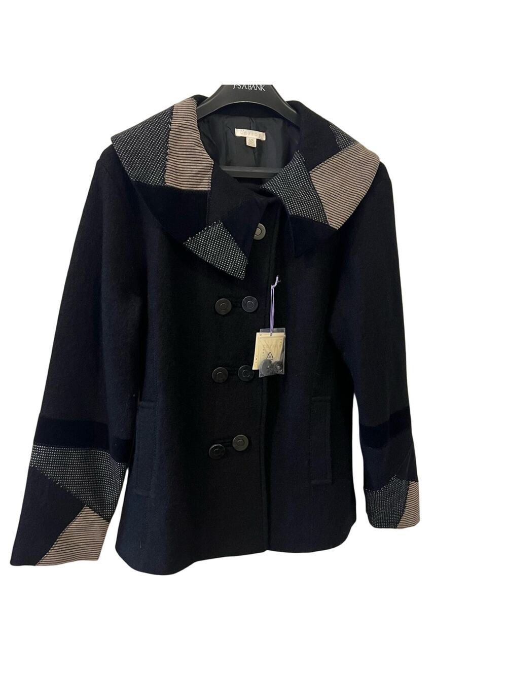 NWT 100% Wool Patchwork Pea Coat - Brown & Black - Size Large